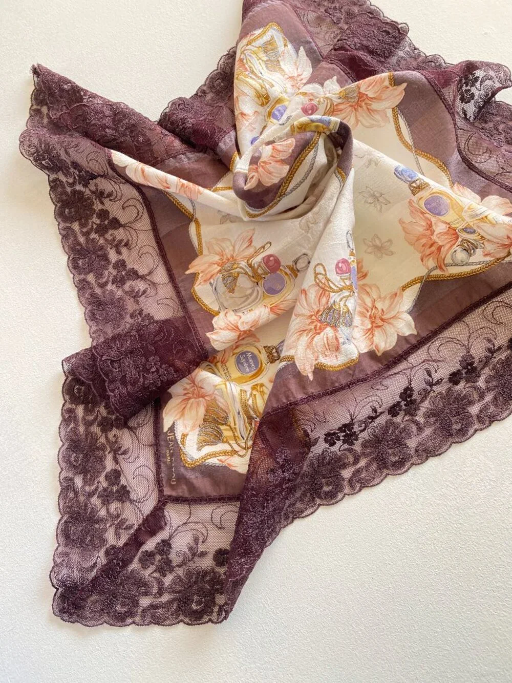 Vintage Jean Patou Paris Square Scarf Brown Lace Border